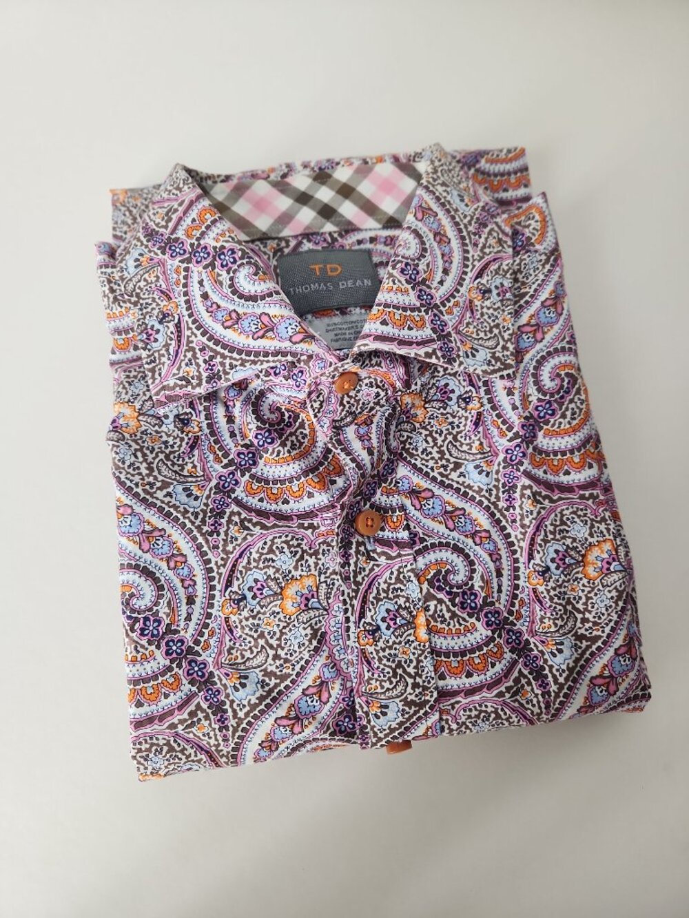 Thomas Dean long-sleeve button-up shirt Paisley print plaid flip cuffs men's L